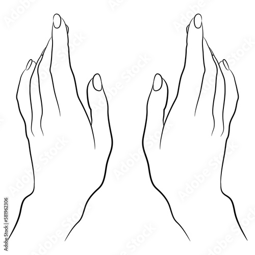 Two beautiful raised up female hands in elegant gesture. Praying. Black and white linear silhouette.
