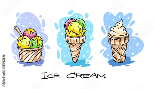 Ice-cream. Set of different flavours and types. In a paper cup, waffle cone, vanilla or with fruity flavour. Hand drawn sketch. Isolated white background. Vector illustration