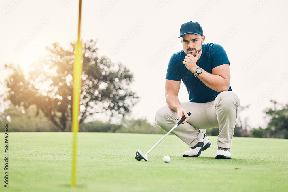 Obraz premium Thinking, sports and hole with man on golf course for training, competition match and planning. Games, challenge and tournament with athlete playing on field for exercise, precision and confidence