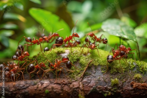 Standing ant activity. The Ant Bridge Unity Team and the Concept Team collaborate. Weaver ants (Oecophylla smaragdina), red ants, and ants carrying food. Generative AI