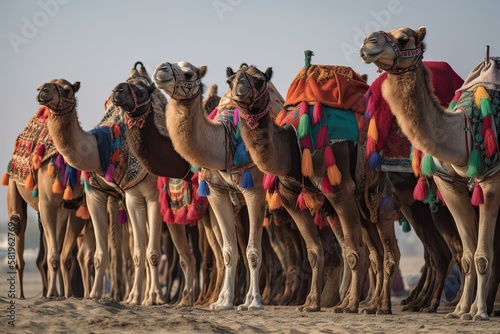 In Sea Line, Qatar, camels dressed in traditional attire wait along the road for tourists interested in camel rides. Generative AI photo