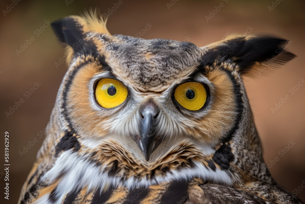 Focus is on the feathers around the eyes in this close up photograph of a great horned owl, with the rest of the frame being slightly out of focus. Generative AI Focus is on the feathers around the eyes in this close up photograph of a great horned owl, with the rest of the frame being slightly out of focus. Generative AI