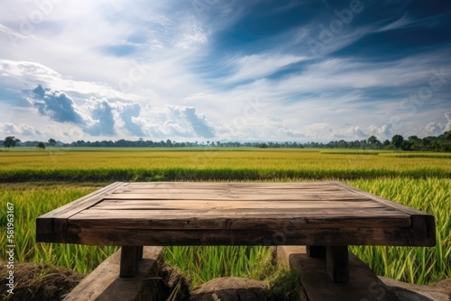 Empty wooden table on rice fields with blue sky background. Generative AI