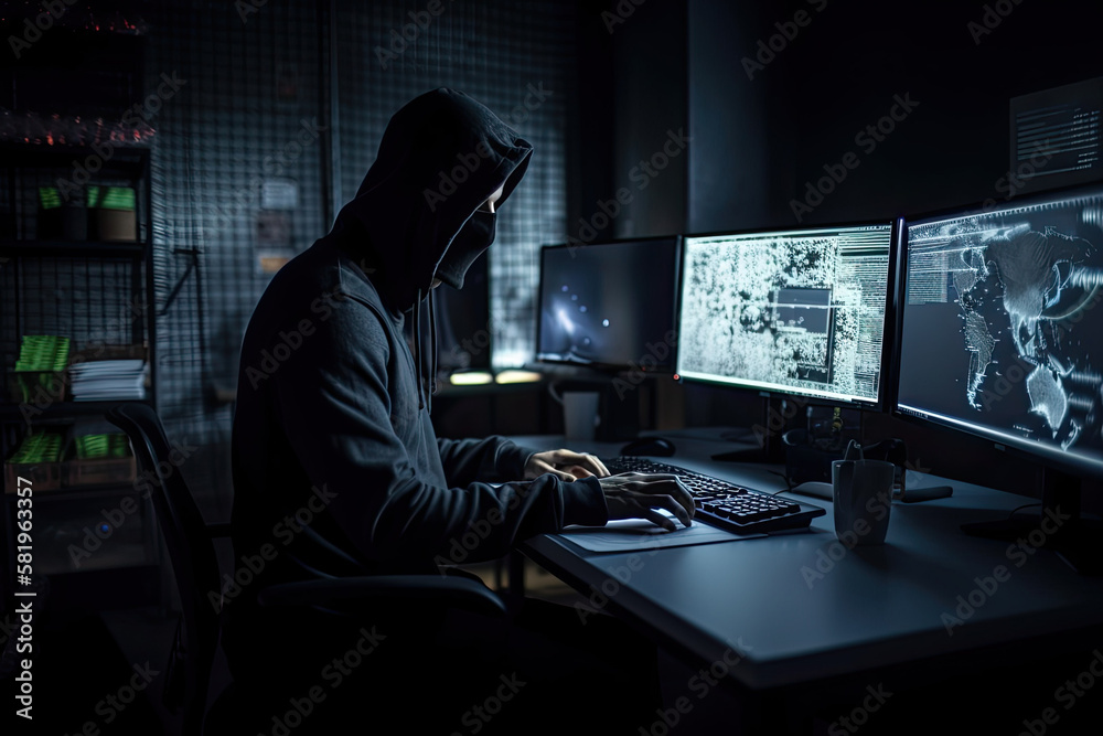 Professional hacker at work on computer. Network security and privacy crime. Generative AI Professional hacker at work on computer. Network security and privacy crime. Generative AI