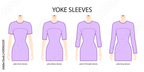Set of Yoke sleeves clothes - long, short, 3-4, elow length technical fashion illustration with fitted body. Flat apparel template front side. Women, men unisex CAD mockup