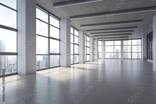 New empty office space. Unfurnished interior space. Open space. Generative AI