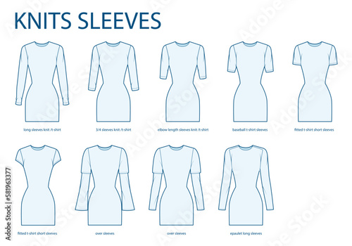 Set of Knit sleeves clothes baseball, fitted, long, over, epaulet, short length technical fashion illustration with fitted body. Flat apparel template front side. Women, men unisex CAD mockup