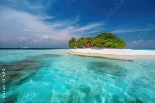 Gulhi Island, Maldives, has a paradisiacal white sand beach with turquoise water on a nice summer day. Generative AI © AkuAku