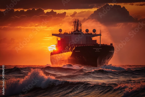 Awe-Inspiring Sunset Scene with a Cargo Ship, generative ai