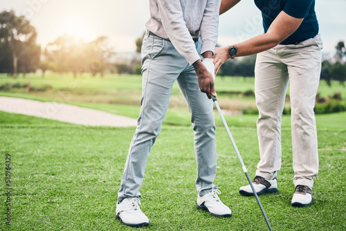 Golf lesson, sports teaching and coach hands helping a man with swing and stroke outdoor. Lens flare, green course and club support of a athlete ready for exercise, fitness and training for a game