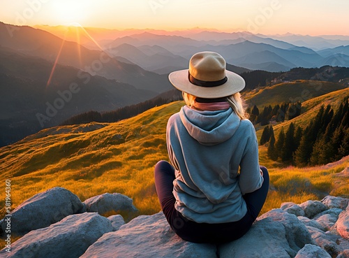 woman observing, a landscape, mountain in spring, at sunset, generated ai