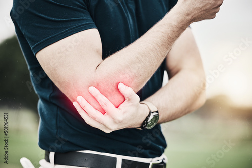 Photography Sports, elbow pain and man on golf course holding arm during game massage and relief in health and wellness
