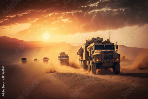 convoy of military trucks driving through a dusty desert with a stunning sunset in the background, generative ai