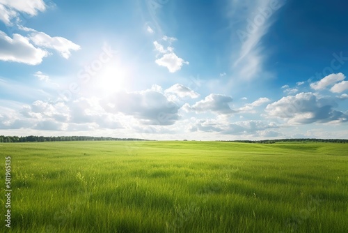 Grassy meadow and sunny sky with clouds in the distance. Wide summer landscape background in soft focus. Generative AI