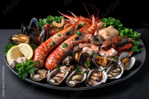 Salmon, calamari squids, mussels, prawns, and grilled barracuda fish with garlic and a hot chili sauce are all included in the roasted mixed seafood dish. On a gray background, isolated. platter of me