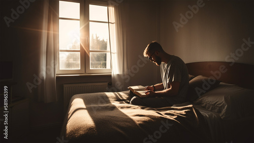 Young man sitting on bed reading the Bible during golden hour, AI Generated  © weigandtstudios