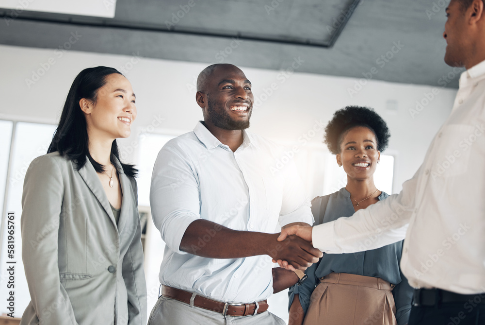 Fototapeta premium B2b, black man or manager shaking hands in meeting or startup project partnership or business deal. Teamwork, office handshake or happy worker talking or speaking of success or hiring agreement