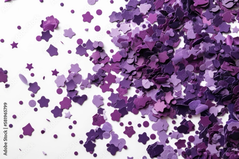 Violet confetti in the form of stars isolated on white background. Festive day backdrop. Flat lay style with minimalistic design. Template for banner or party invitation. Generative AI