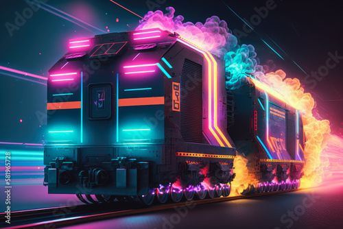 futuristic train carrying packages at lightning speed through a tunnel of neon lights, showcasing the power and efficiency, generative ai