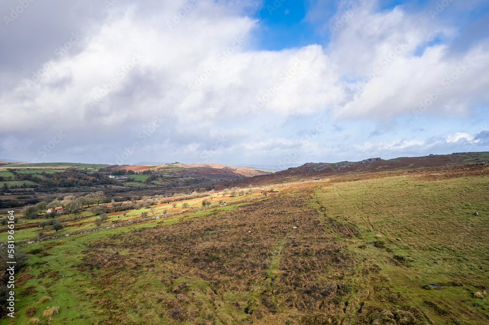 Fototapeta premium View over Emsworthy Mire from a drone, Haytor Rocks, Dartmoor National Park, Devon, England, UK