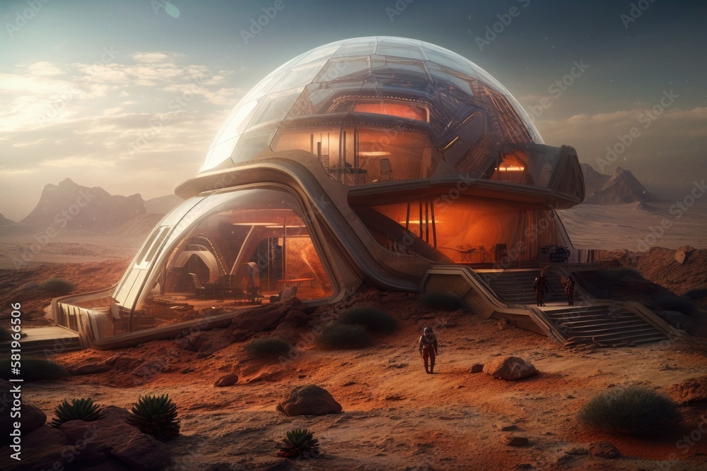house built in the future on the planet Future design of homes, houses on Mars, and Martian. Generative AI