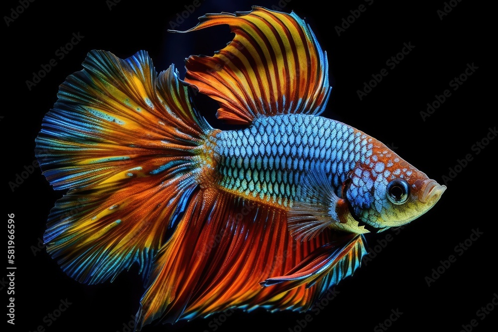 Fighting fish, Betta splendens, with a variety of colors in the Siamese style and a natural background. Generative AI Fighting fish, Betta splendens, with a variety of colors in the Siamese style and a natural background. Generative AI