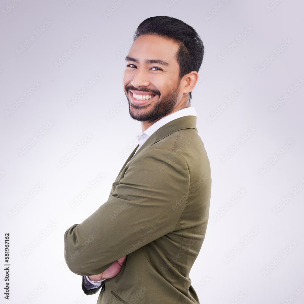 Happy, crossed arms and portrait of business man in studio for success, confidence mindset and leadership. Corporate manager, ceo and male entrepreneur smile on white background in professional suit Happy, crossed arms and portrait of business man in studio for success, confidence mindset and leadership. Corporate manager, ceo and male entrepreneur smile on white background in professional suit
