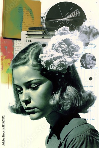 Collage retro style schoolbook page. Generative AI vertical illustration