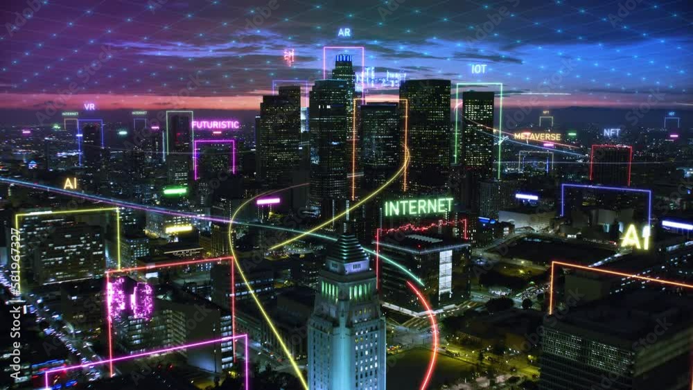 Futuristic Aerial Smart city IOT internet of things ICT. Digital Technology, Shinning Wired Network over City. Great View of Los Angeles Skyscrapers at Dusk. Metaverse, 5G, AI, AR, NFT. Los Angeles.