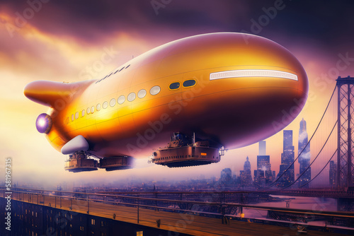 Radiant Logistics Blimp Carrying Cargo over a Bright City, generative ai
