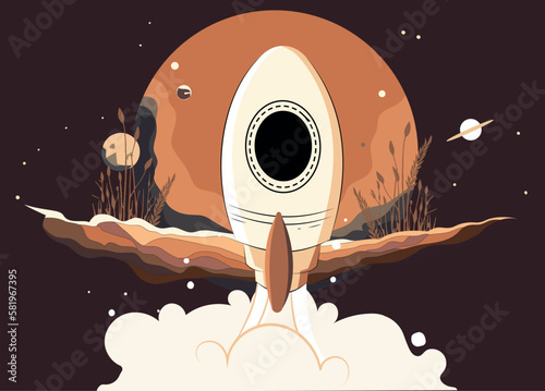 Astronaut explores space being desert planet. Astronaut space suit performing extra cosmic activity space against stars and planets background. Human space flight. Modern vector illustration