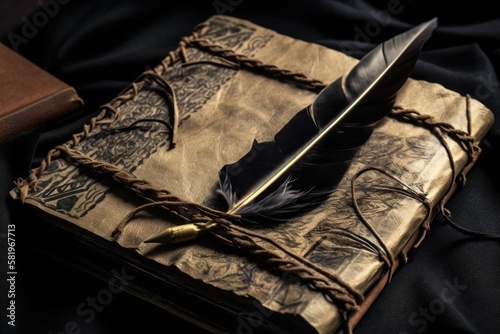 notebook made from ancient papyrus leaves with a black background, an embossed cover, and a quill. Generative AI