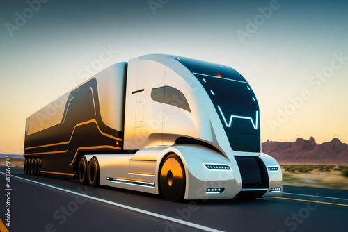 sleek and modern self-driving truck speeding down a futuristic highway, generative ai © aicandy