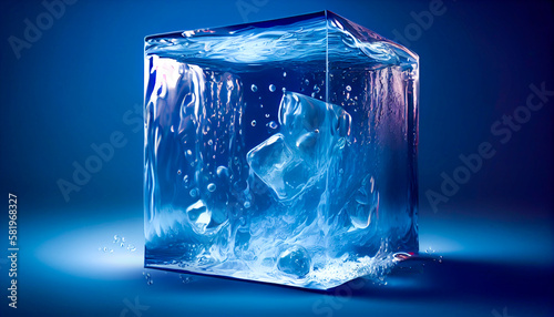 3D Water cube with air bubbles and splashes