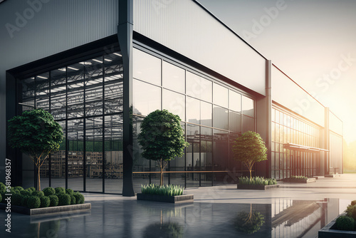 Stylish and modern logistics center with glass walls, natural lighting, and lush greenery inside, generative ai