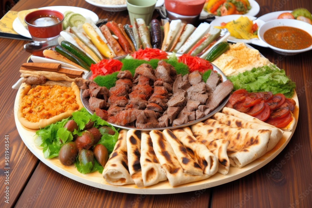Turkish and Arabic Traditional Ramadan Mix Vali Kebab Plate inside Adana, Urfa, Chicken, Lamb, Liver and Beef on bread and lahmacun. Generative AI Turkish and Arabic Traditional Ramadan Mix Vali Kebab Plate inside Adana, Urfa, Chicken, Lamb, Liver and Beef on bread and lahmacun. Generative AI