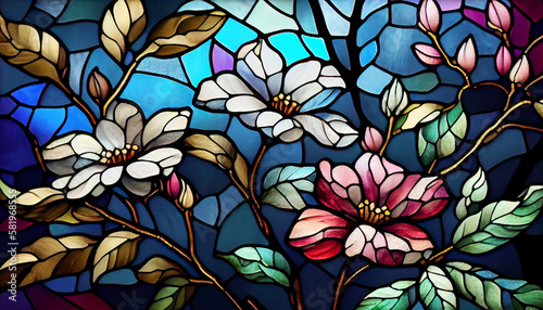 Stained glass window with flowers. Abstract colorful stained-glass background. Vintage pattern. Multicolor template for design interior.