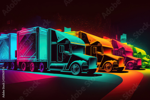Vibrant and colorful stylized image of a fleet of delivery trucks against a neon background  generative ai