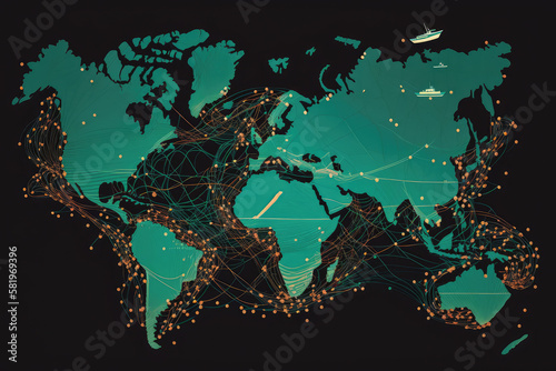 World Map Made of Cargo Ship Routes vector-style, generative ai