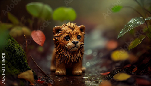 lion lost in forest in the rain by generative ai