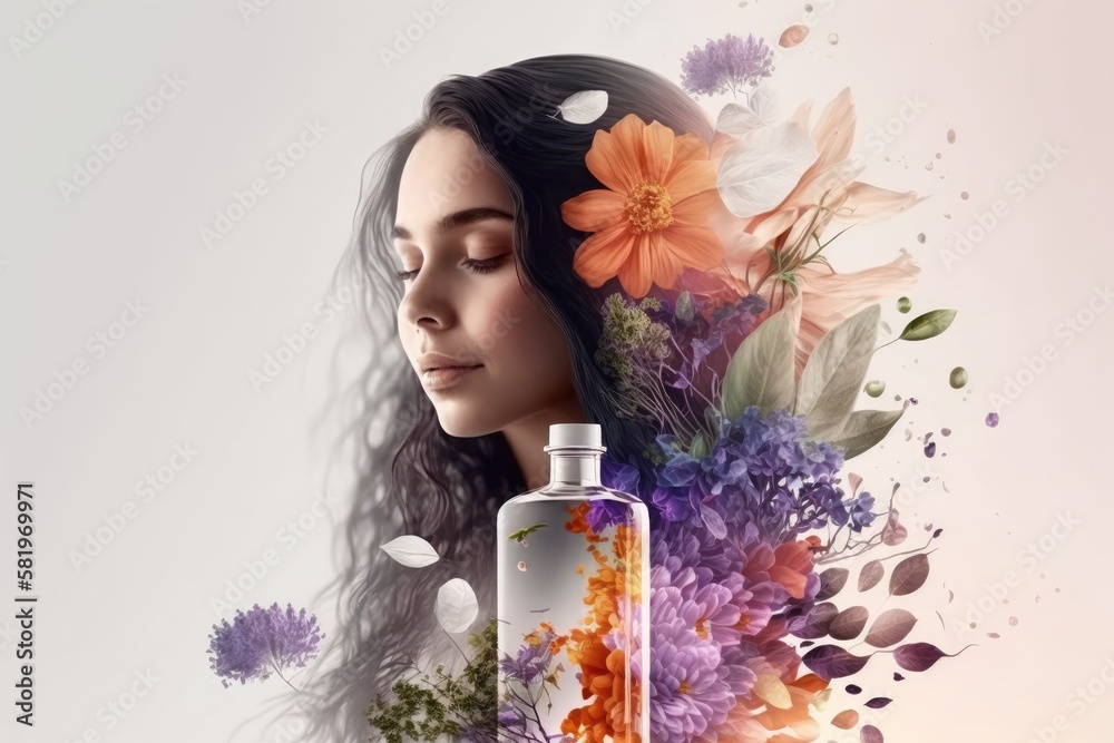 Woman aromatherapy flowers, Wellness and Beauty salon skincare relaxing mood - Generative AI illustration - obrazy, fototapety, plakaty 
