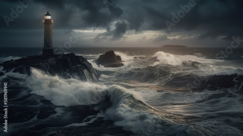 Norwegian Coastal Fury: A Stormy Night by the Sea with Raging Waves, Generative AI