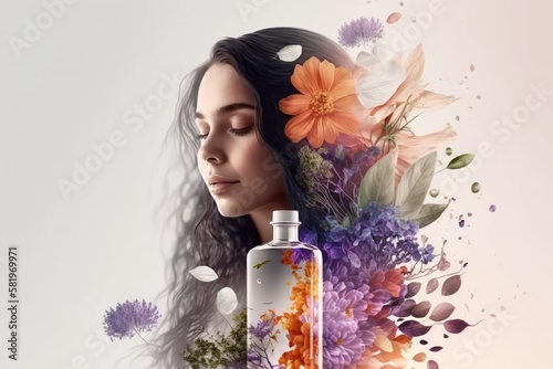 Woman aromatherapy flowers, Wellness and Beauty salon skincare relaxing mood - Generative AI illustration