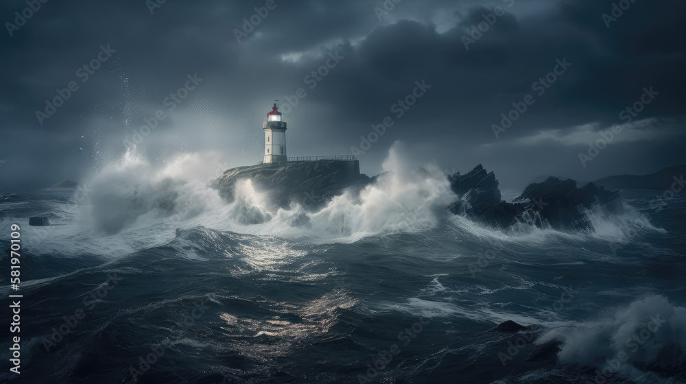 Norwegian Coastal Fury: A Stormy Night by the Sea with Raging Waves, Generative AI