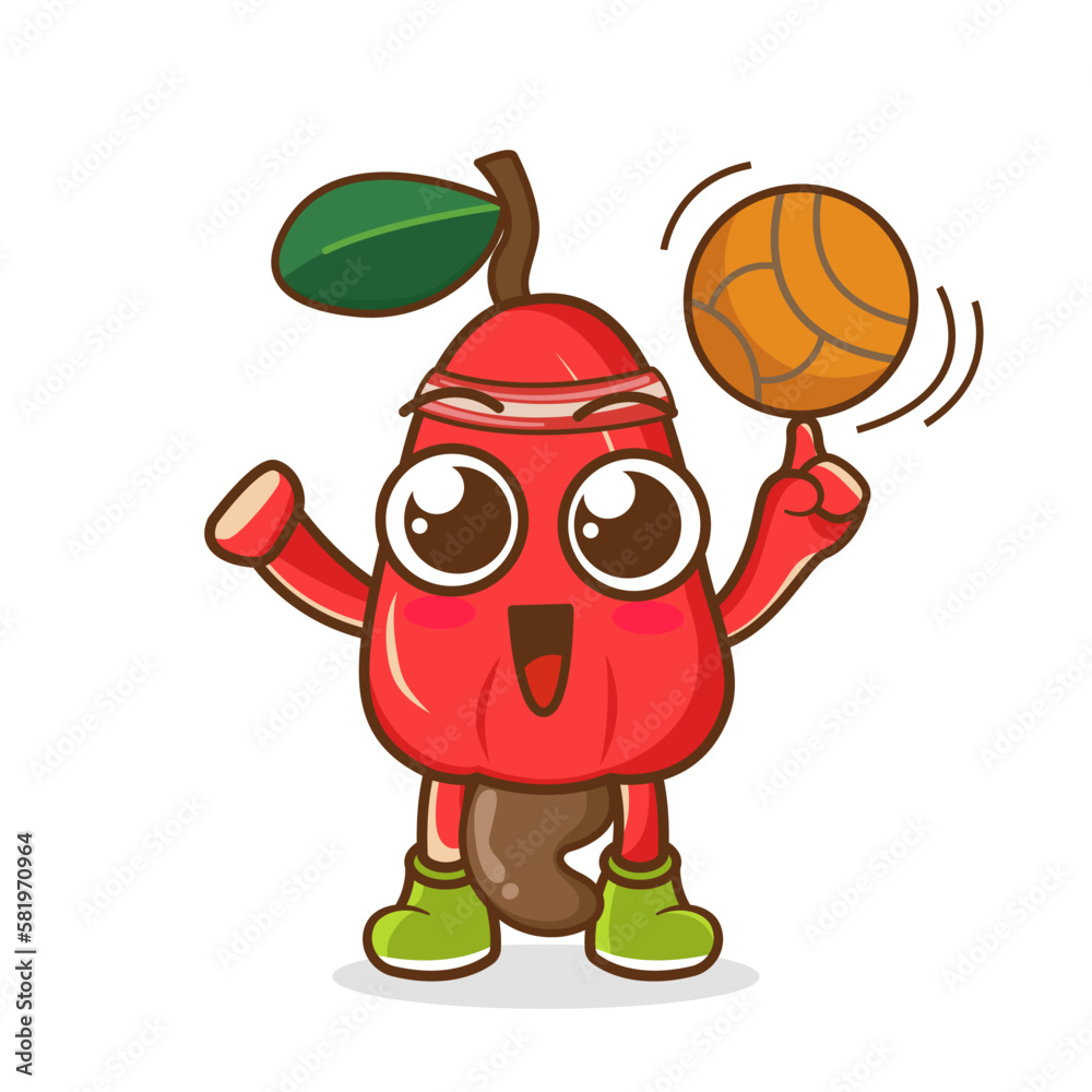 cashew apple mascot playing basketball, cute cashew apple mascot on white background cashew apple mascot playing basketball, cute cashew apple mascot on white background