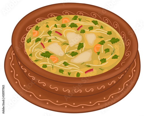 Hand-Drawn Illustration of Zeama, Traditional Moldovan, Romanian Chicken Soup. Warm and Comforting Broth with Tender Chicken and Noodles. Stock Illustration of Eastern European Cuisine. photo