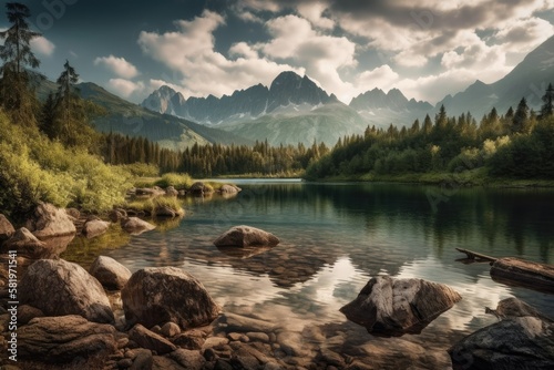 peaceful mountain lake in the High Tatra National Park. dramatic clouds in the sky. Europe, Slovakia, and Strbske Pleso. beauty industry. Generative AI