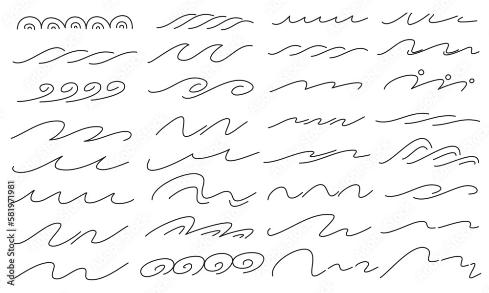 細い線で描かれた波をモチーフにした装飾イラストセット/32種類