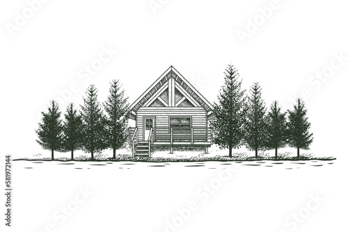Cabin and Lake Hand Drawn Illustraton and Vector Stock