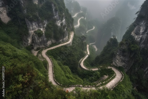 Tianmen Mountain National Park's winding road, Hunan Province, China. Generative AI